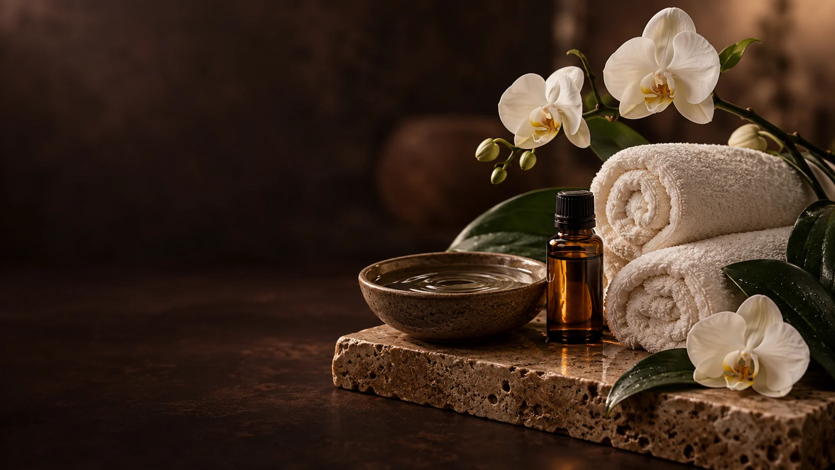 Decorative spa still-life with ivory towels and orchids